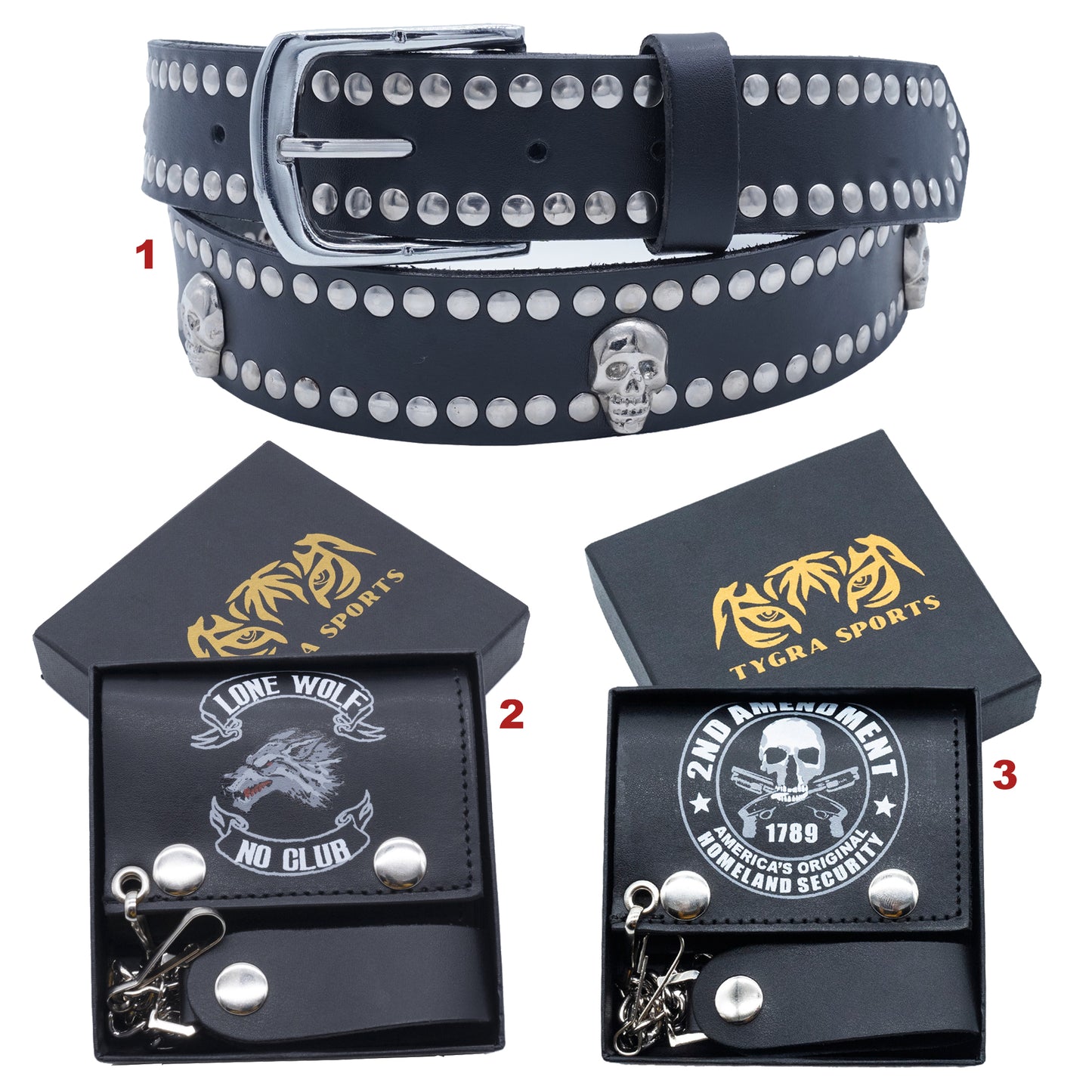 Set of 3 β 2 Wallets + 1 Genuine Leather Belt β Biker Gift Set