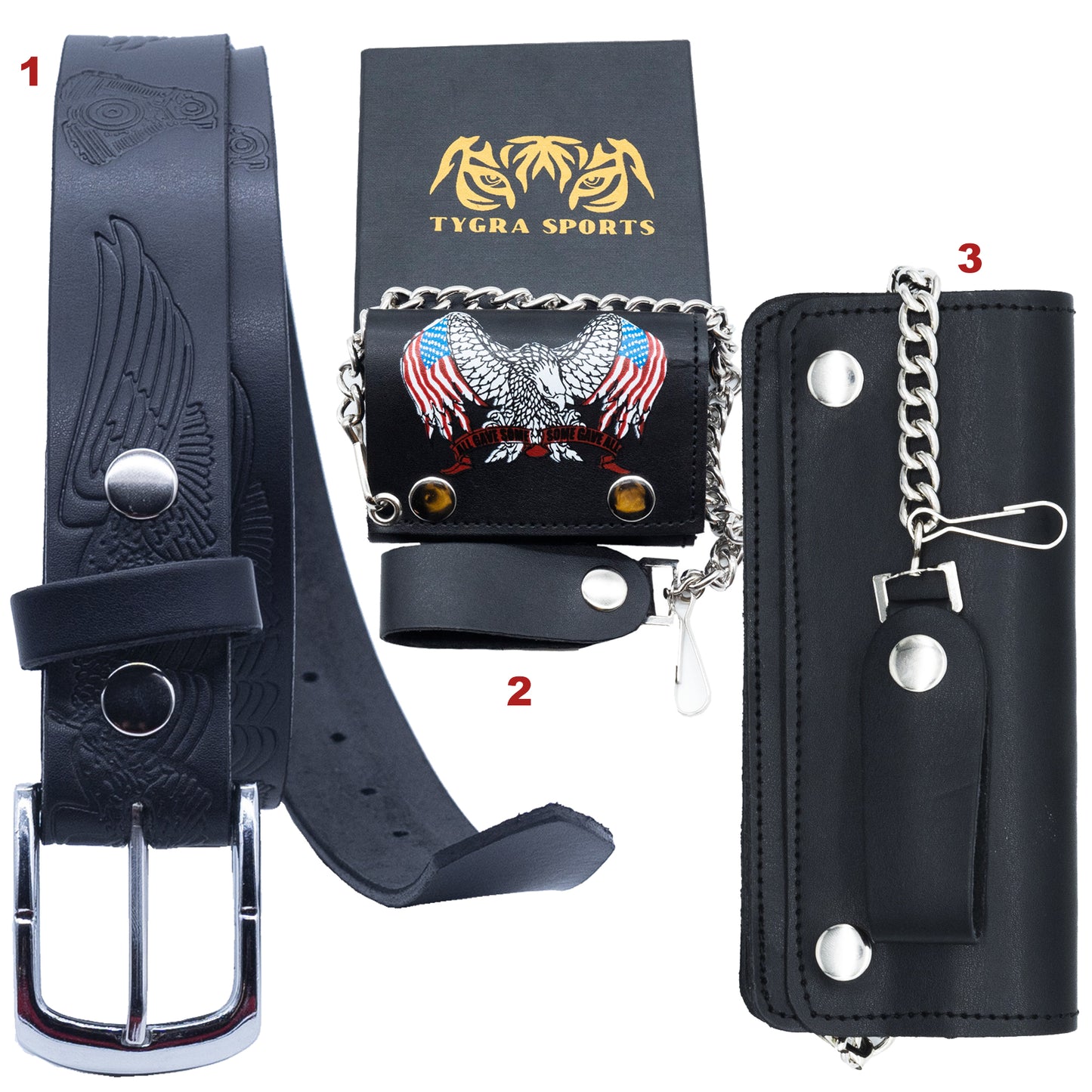 Set of 3 β 2 Wallets + 1 Genuine Leather Belt β Biker Gift Set