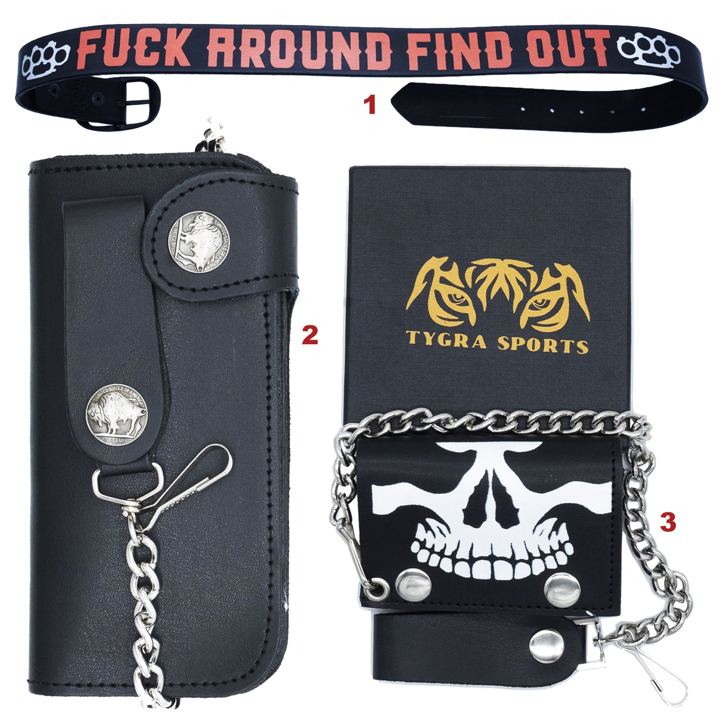 Set of 3 β 2 Wallets + 1 Genuine Leather Belt β Biker Gift Set