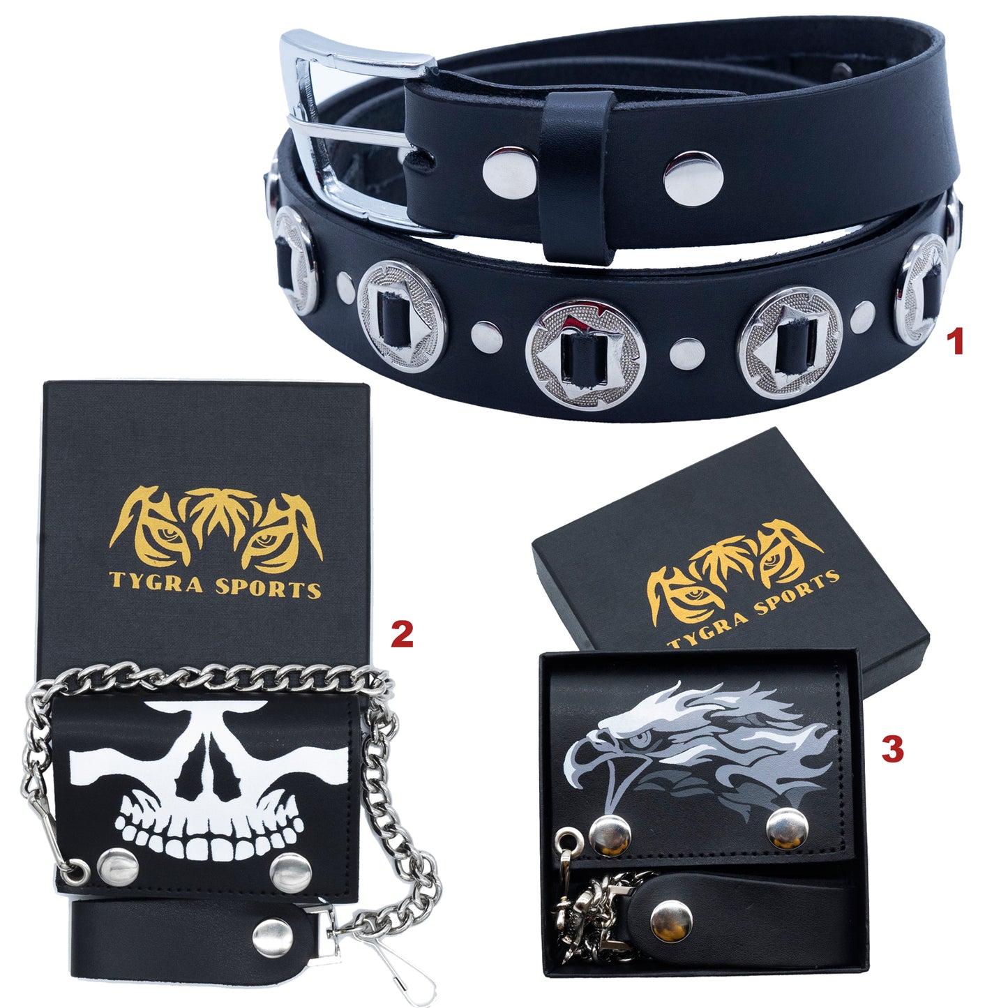 Set of 3 β 2 Wallets + 1 Genuine Leather Belt β Biker Gift Set
