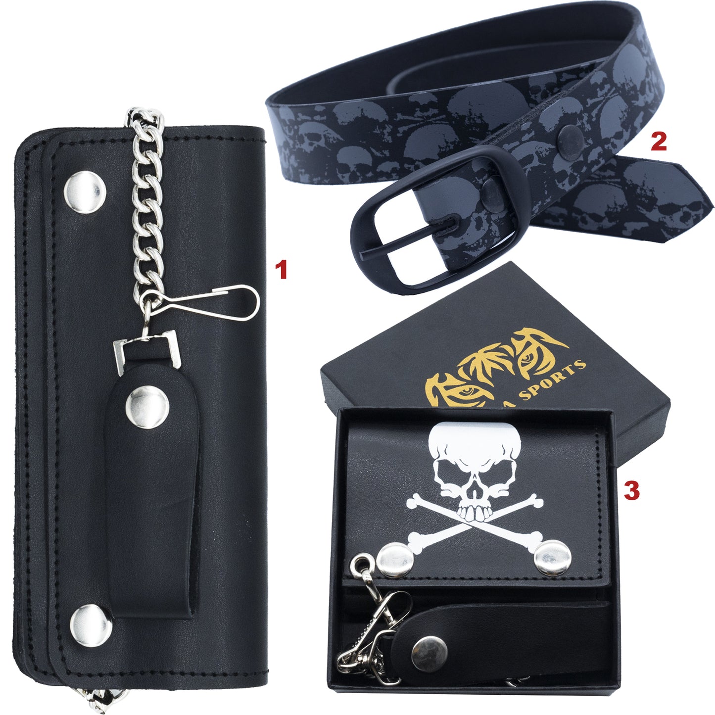 Set of 3 β 2 Wallets + 1 Genuine Leather Belt β Biker Gift Set