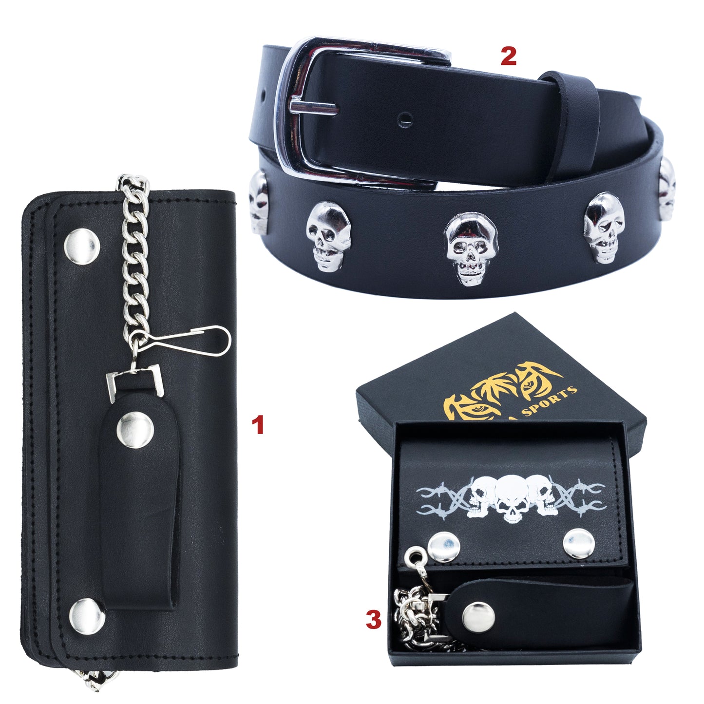 Set of 3 β 2 Wallets + 1 Genuine Leather Belt β Biker Gift Set