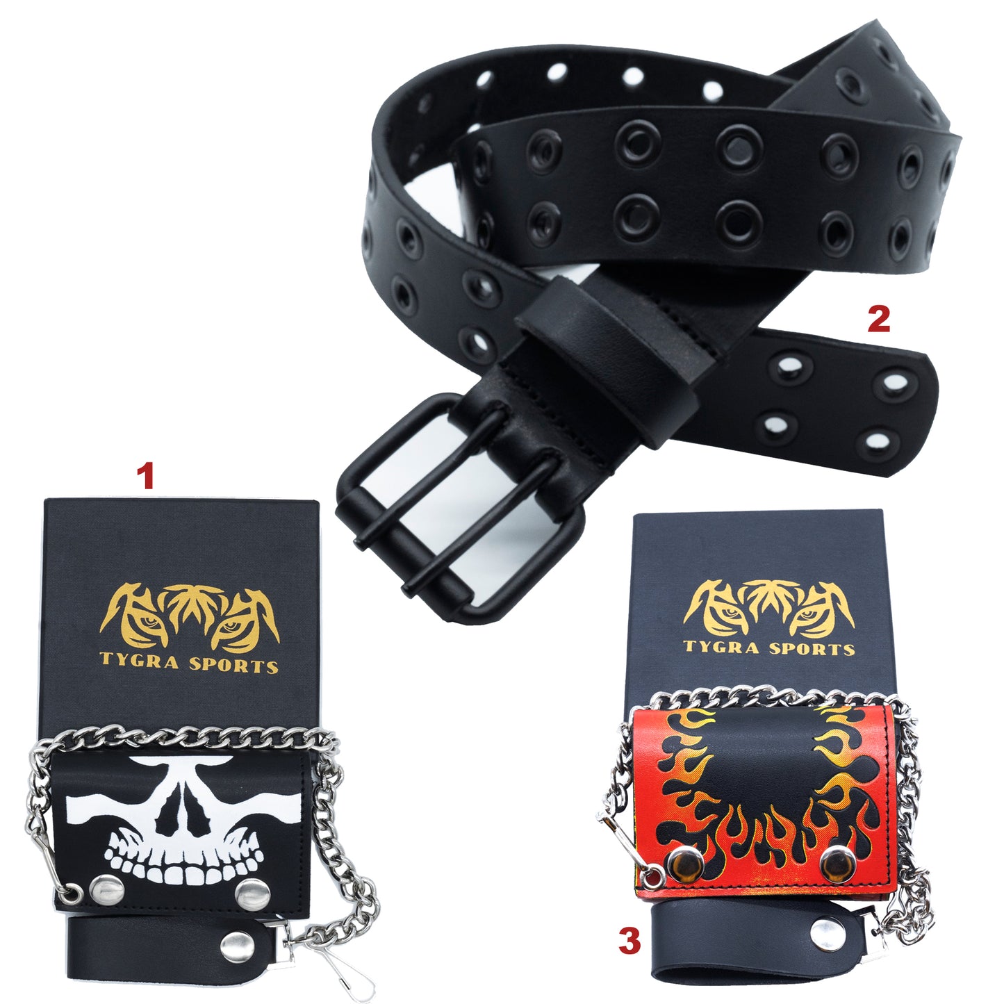 Set of 3 β 2 Wallets + 1 Genuine Leather Belt β Biker Gift Set