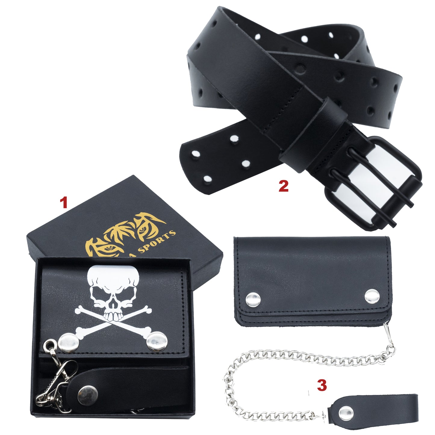 Set of 3 β 2 Wallets + 1 Genuine Leather Belt β Biker Gift Set