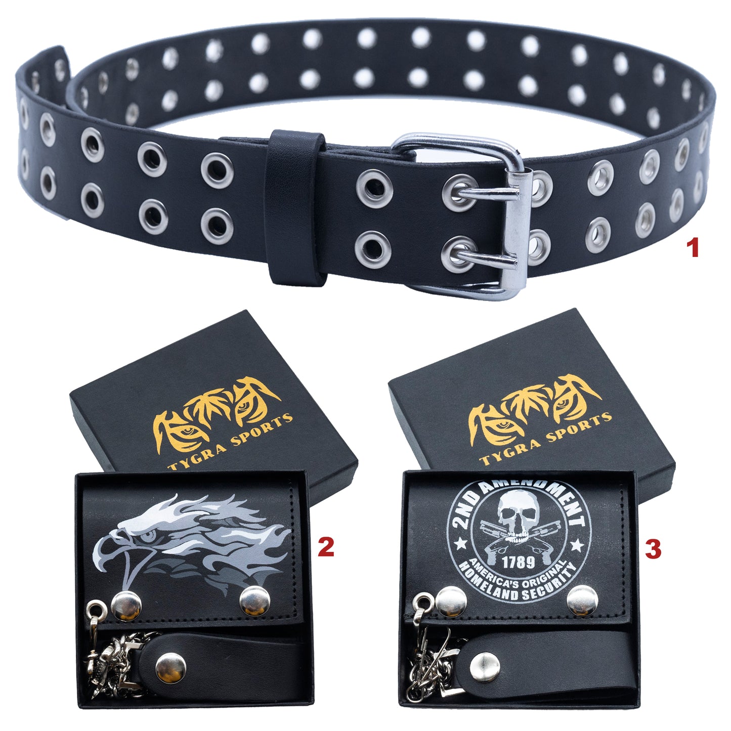 Set of 3 β 2 Wallets + 1 Genuine Leather Belt β Biker Gift Set