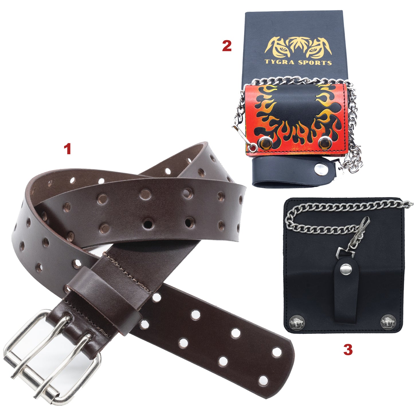 Set of 3 β 2 Wallets + 1 Genuine Leather Belt β Biker Gift Set
