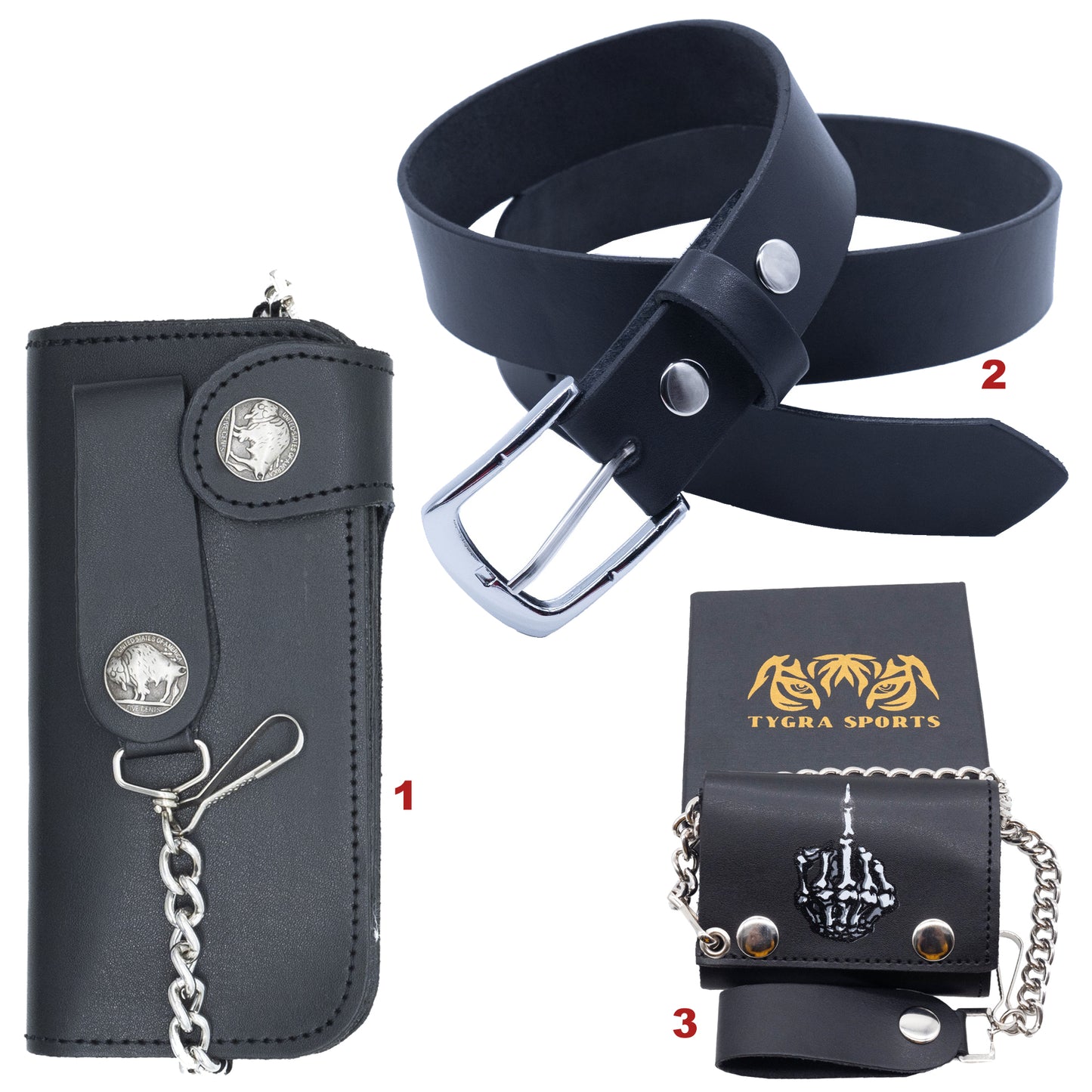 Set of 3 β 2 Wallets + 1 Genuine Leather Belt β Biker Gift Set