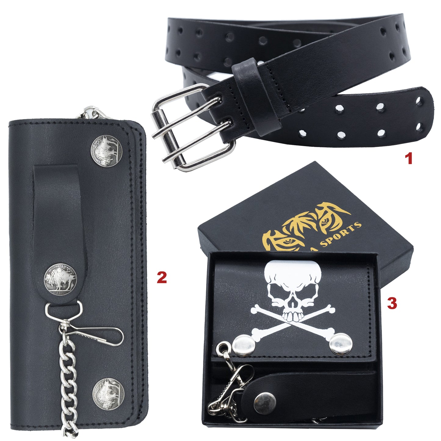 Set of 3 β 2 Wallets + 1 Genuine Leather Belt β Biker Gift Set