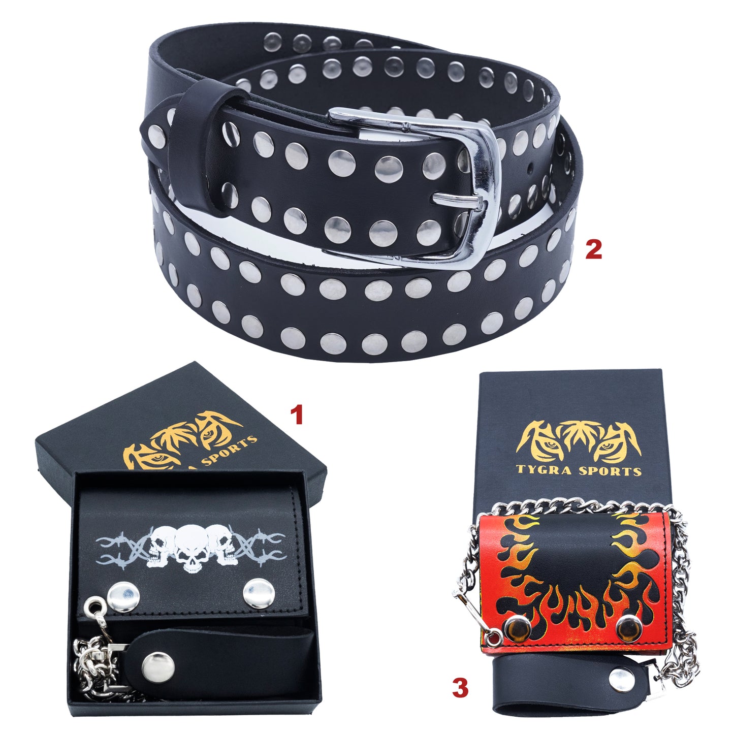 Set of 3 β 2 Wallets + 1 Genuine Leather Belt β Biker Gift Set