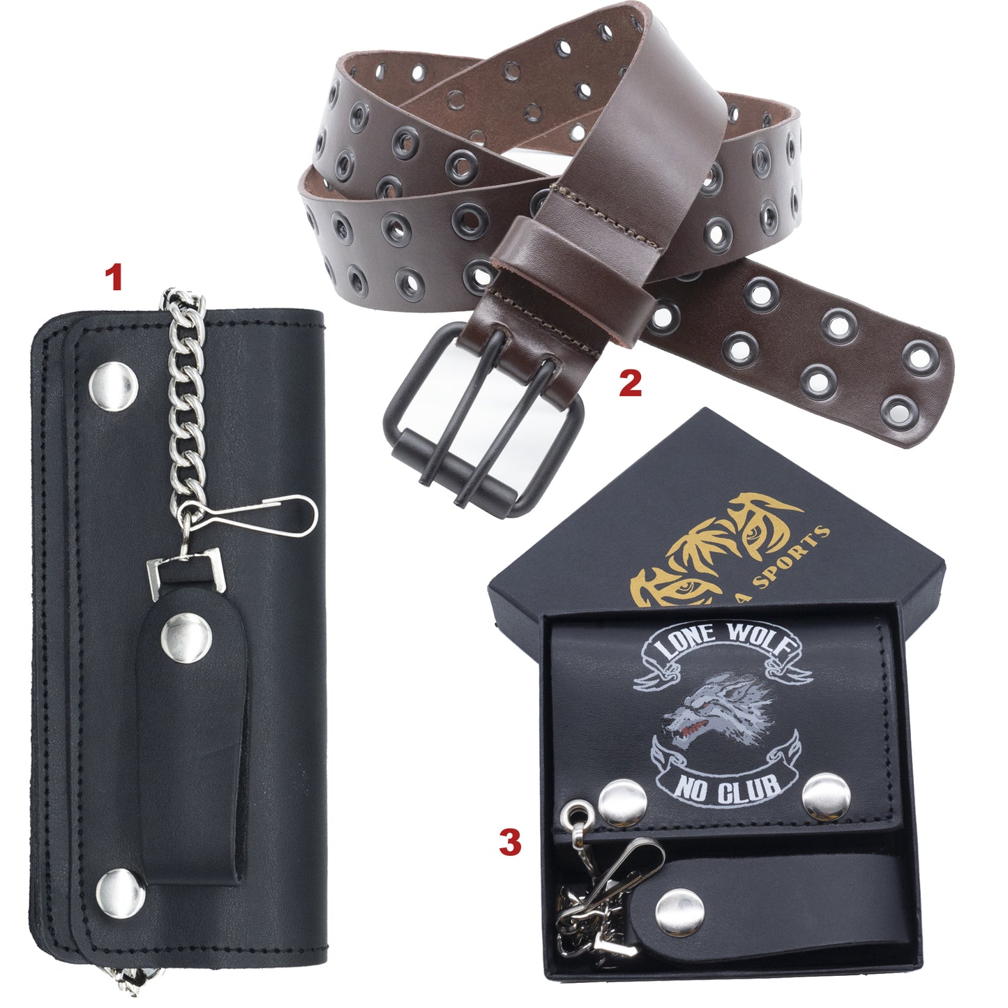 Set of 3 β 2 Wallets + 1 Genuine Leather Belt β Biker Gift Set