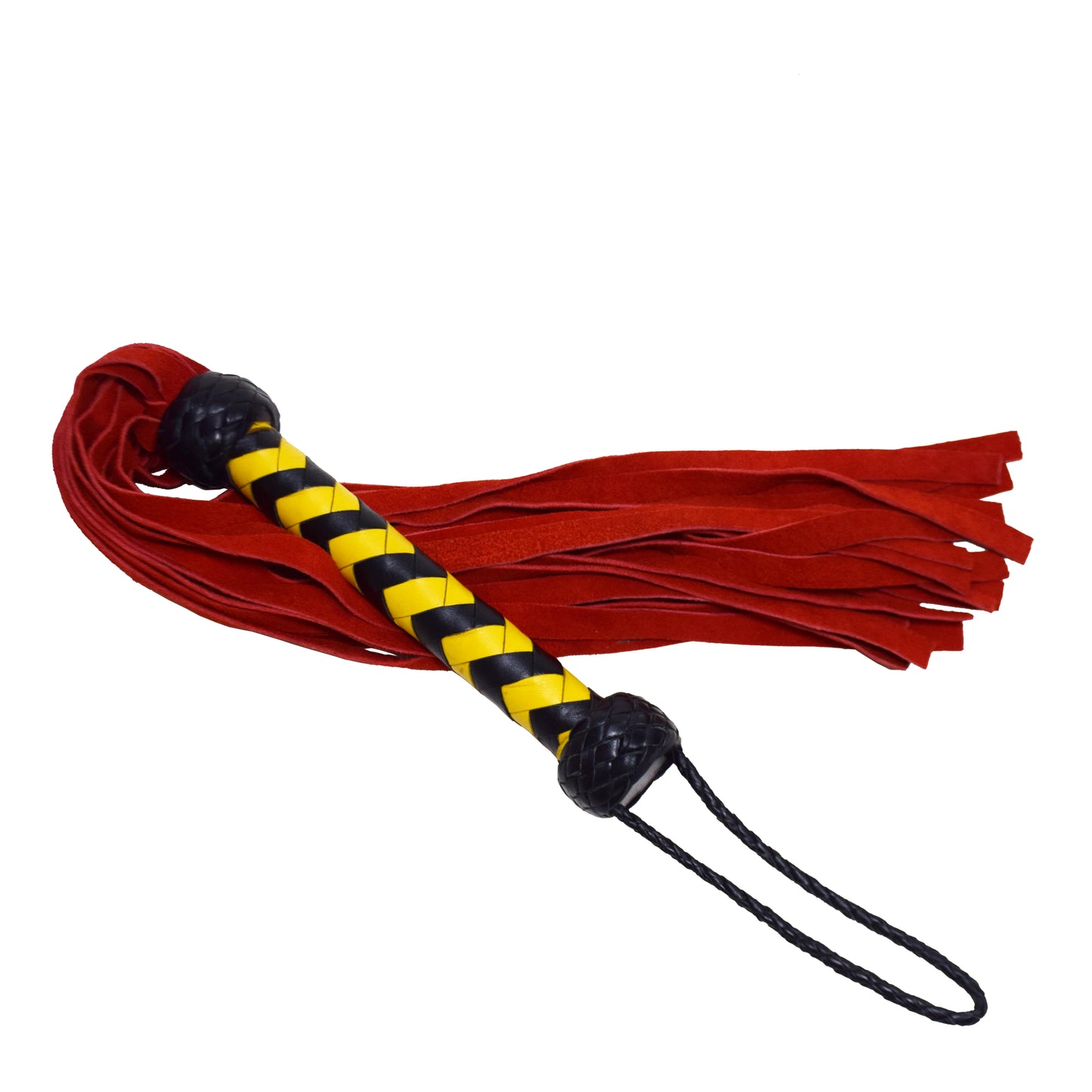 Aaylans Cowhide Suede Leather Training YellowBlack Handle Flogger - 25 Red Tails Heavy-Duty Horse Taming & Equestrian Tool (27" Long)