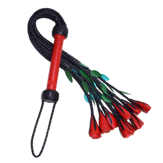 Aaylans Cow Leather Training Black Handle Flogger - Red Roses Cat-o-Nine Heavy-Duty Horse Taming & Equestrian Tool